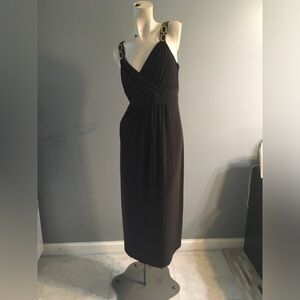 Chico's Size 2 Chocolate solid Nala Maxi Dress gold link straps Empire Waistline